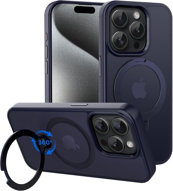 CACOE Magnetic Case for iPhone 15 Pro 6.1 inch with 360° Rotatable Ring Stand,Compatible with MagSafe Car Phone Mount,Cover Phone Holder for Desk Meeting Dark Blue
