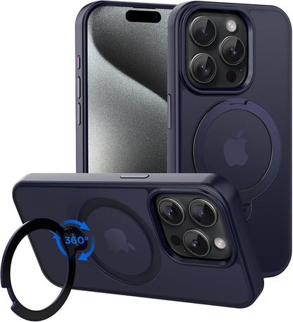 CACOE Magnetic Case for iPhone 15 Pro 6.1 inch with 360° Rotatable Ring Stand,Compatible with MagSafe Car Phone Mount,Cover Phone Holder for Desk Meeting Dark Blue