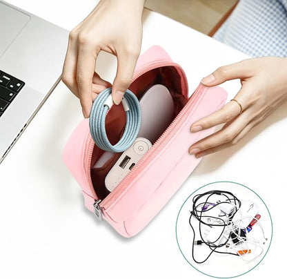 Tech Organizer Pouch, Small Multi-Pocket Electronics Case (Pink) | Water-resistant nylon, foam padding, metal zipper, travel cable bag for charger, power bank, earbuds, SD cards and USB cables