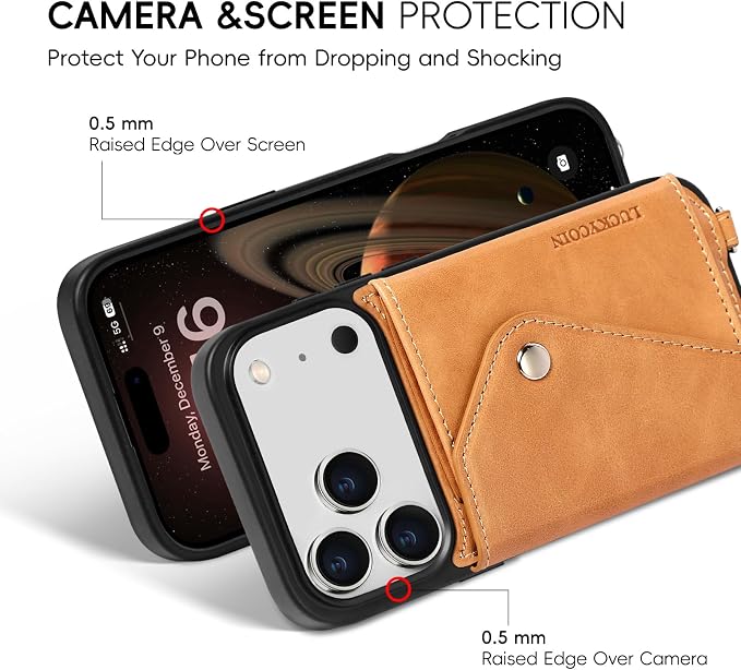LUCKYCOIN for iPhone 17 Pro Crossbody Wallet Case – Genuine Leather Phone Purse with Adjustable Strap and Card Holder,Lanyard Phone Purse Case for Women,Vintage Tan