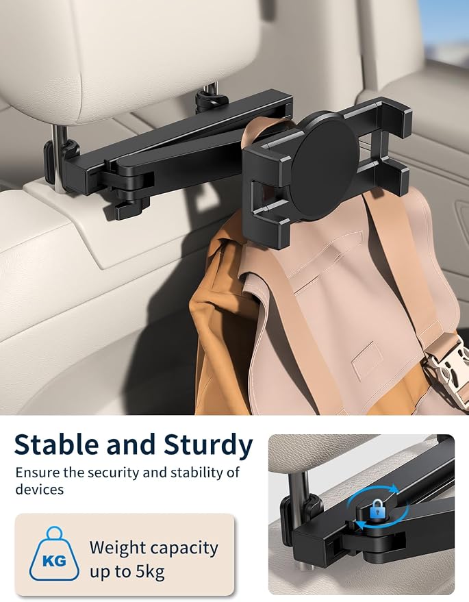 Tablet Holder for Car Headrest, [3 in 1 Adjustable Extension Arm] iPad Car Mount for Back Seat, Road Trip Essentials for Kids, for 4.7-12.9" Like iPad Pro, Air, Mini, Galaxy, Fire HD Tablet