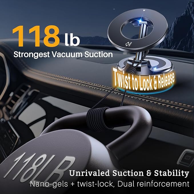 Vacuum Magnetic Car Phone Mount, 118LBS Nano Gel Suction Cup, 360° Adjustable, Compatible with Magsafe iPhone 12-17 Air Pro Max, Car Phone Holder for Dashboard Windshield Textured Surfaces