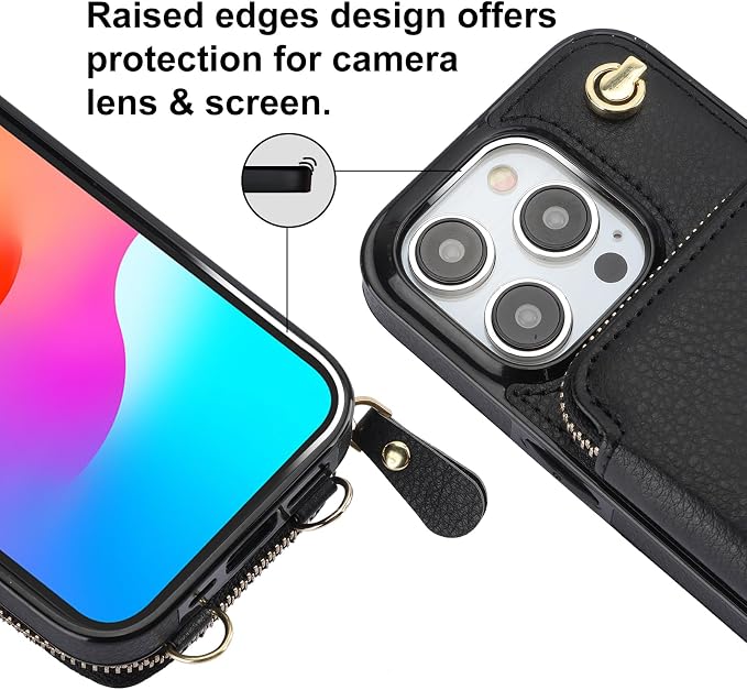 Bocasal Crossbody Wallet Case for iPhone 15 Pro, RFID Blocking Leather Purse Case with Card Holder, Protective Handbag Flip Cover with Zipper Wrist Strap Lanyard for Women 5G 6.1 Inch (Black)
