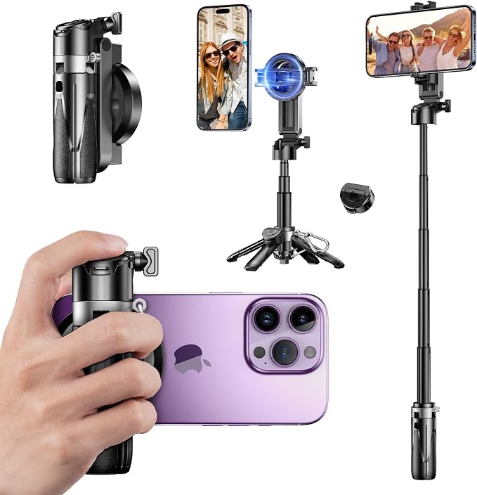Selfie Stick for iPhone, Mini Tripod for MagSafe, Portable 4-in-1 Phone Tripod Stand with Remote & Cold shoe Mounts, Fit All 4.7" to 7" Phones for Travel Vlog Photography Video Recording