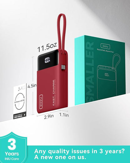 INIU Portable Charger, Compact 20000mAh Power Bank with Build in USB-C Cable, 45W Fast Charging Mini Powerbank, Flight Cruise Ship Travel Essentials Phone Charger for College Student Boys Girls, Red
