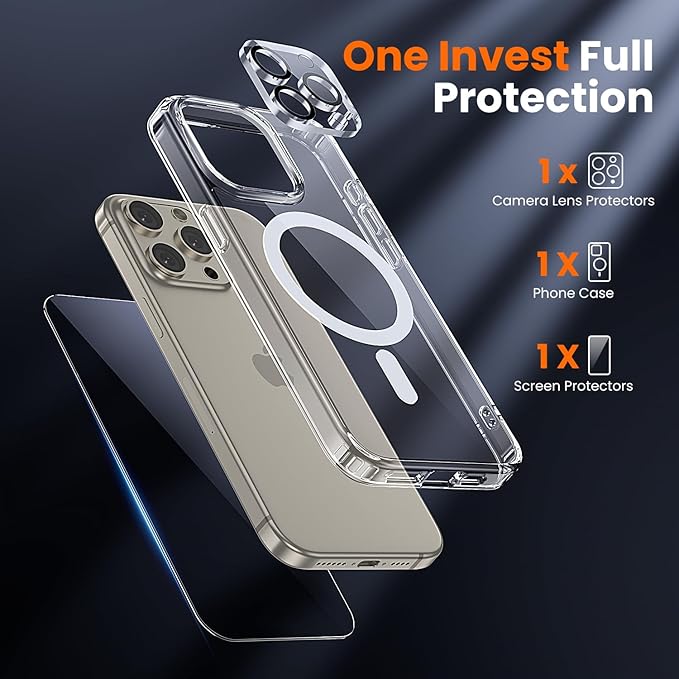 3 in 1 for iPhone 15 Pro Max Case Clear with MagSafe, Not Yellowing, Screen Protector*1 Camera Lens Protector*1, Military-Grade Protection for iPhone 15 Pro Max Phone Case 6.7 inch Clear