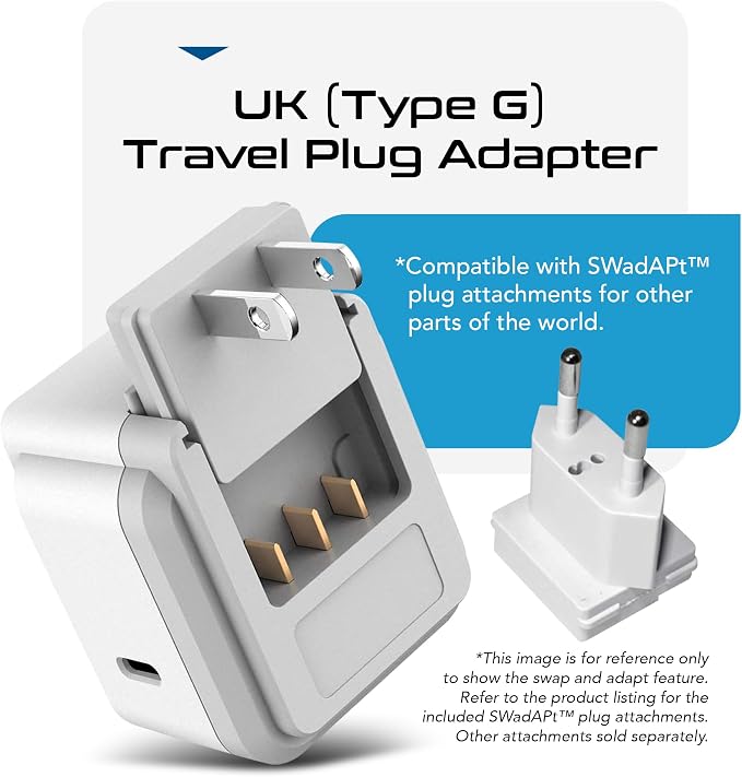 Ceptics UK, Hong Kong, Travel Plug Adapter Set, Safe Grounded USB-C 30W PD & QC 3.0-2 USA Socket - Compact & Powerful - Ireland, England, Dubai, Saudi Arabia - Includes Type G Swadapt Attachments