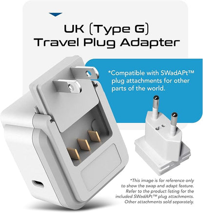 Ceptics UK, Hong Kong, Travel Plug Adapter Set, Safe Grounded USB-C 30W PD & QC 3.0-2 USA Socket - Compact & Powerful - Ireland, England, Dubai, Saudi Arabia - Includes Type G Swadapt Attachments
