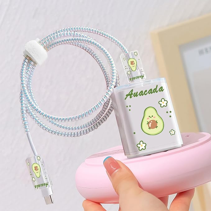 CameCosy DIY Phone Charger Cover Storage Sets Cable USB Earphone Wire Saver Organizer with Travel Storage Bag, Soft Cute Cable Protector Phone Charger Protector Compatible for iPhone(Avocado)