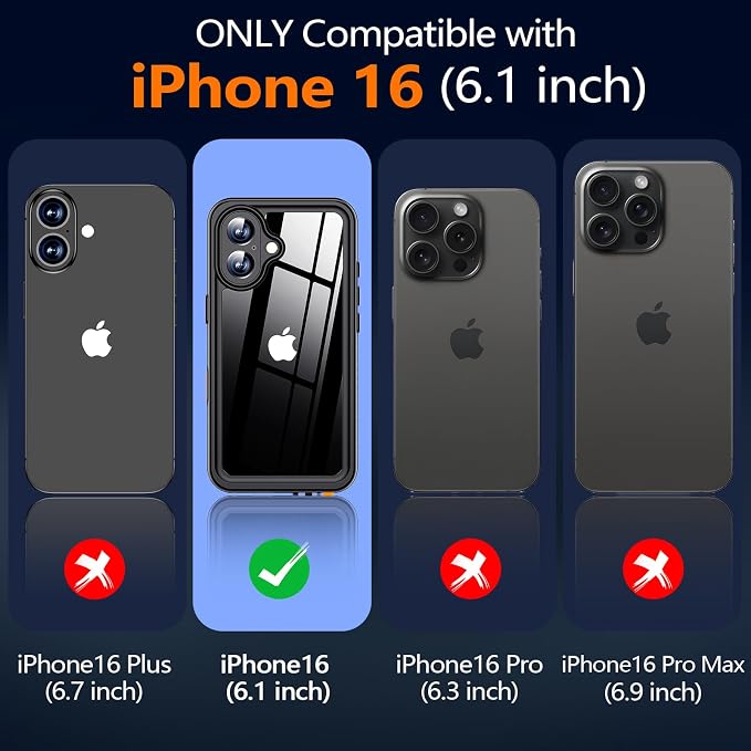 xiwxi for iPhone 16 Case Waterproof,[IP68 Underwater][Built-in Screen Protector & Camera Protector][15FT Military Dropproof][Dustproof] Full Body Shockproof Protective Phone Case 6.1" Black