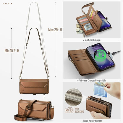 Strapurs Wallet Case Compatible with iPhone 17 Pro 6.3" RFID Blocking 9-Card Holder Soft PU Leather Magnetic Snap Shoulder Strap Zipper Pocket Phone Case Fit for iPhone 17 Pro for Women - Brown