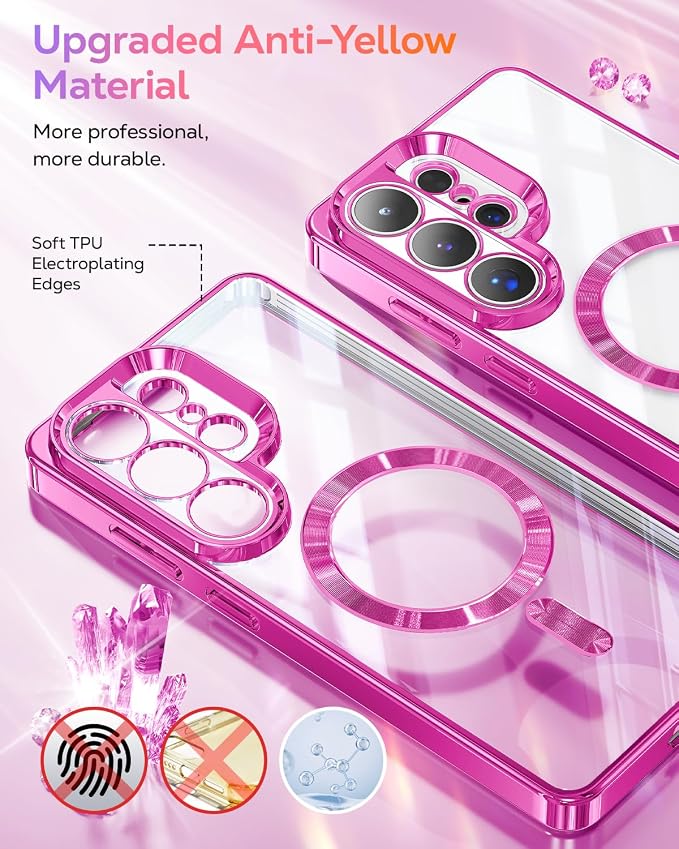 Meifigno Magnetic Case Designed for Samsung Galaxy S26 Ultra 6.9", [Compatible with MagSafe] [Removable Glitter Card & Wrist Strap], Surround Lens Protection Case for Galaxy S26 Ultra, Hot Pink