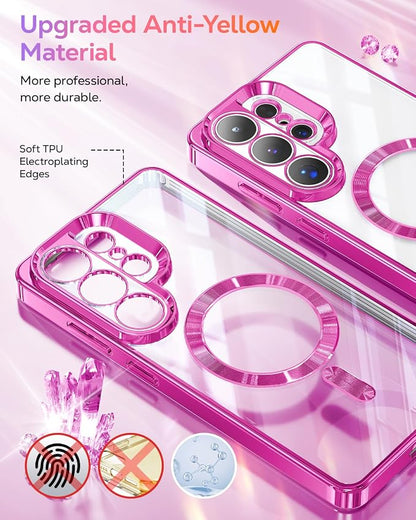 Meifigno Magnetic Case Designed for Samsung Galaxy S26 Ultra 6.9", [Compatible with MagSafe] [Removable Glitter Card & Wrist Strap], Surround Lens Protection Case for Galaxy S26 Ultra, Hot Pink