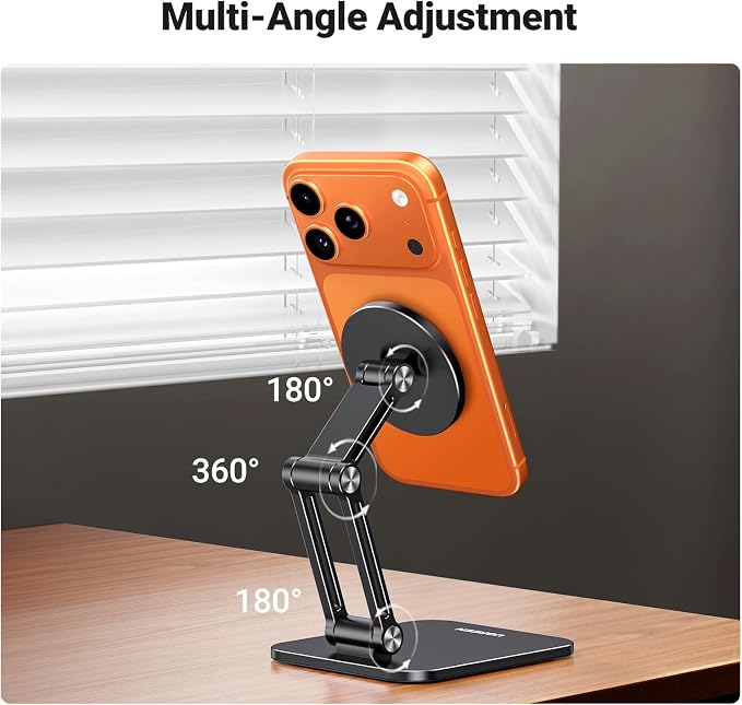 UGREEN Magnetic Phone Stand Compatible with MagSafe Holder for Desk Ergonomic Design Adjustable, Aluminum Cell Phone Stand Compatible for iPhone 17 Air 16 15 14 13 12 Pro Max and MagSafe Case, Black