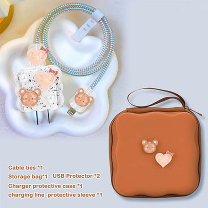 CameCosy Phone Charger Storage Case Cover Sets with Cable Protector for iPhone Charger, Brown Wave Travel Storage Bag, Wire Saver Cable Organizer Soft Cute DIY Cable Protector (Love Bear)