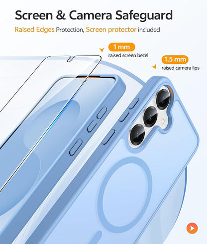 FNTCASE for Samsung Galaxy S25/S24 Plus Case, Fit Magsafe, Screen Protector | Translucent Matte Magnetic Back, 14FT Military Grade Drop Protection, Shockproof Protective Phone Cover, Light Blue
