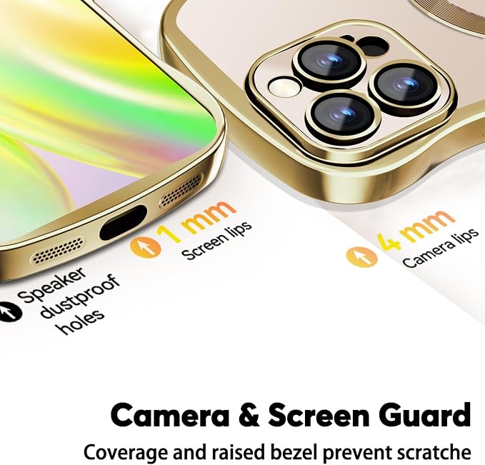 Misscase Designed for iPhone 16 Pro Case 6.3",with Privacy Screen Protector*1,Cute Wave Frame Case with Camera Lens Protector,Compatible with MagSafe Plating Bling for Women Gold