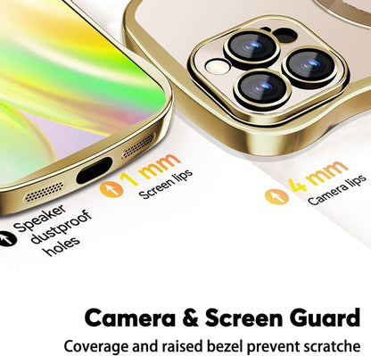 Misscase Designed for iPhone 16 Pro Case 6.3",with Privacy Screen Protector*1,Cute Wave Frame Case with Camera Lens Protector,Compatible with MagSafe Plating Bling for Women Gold