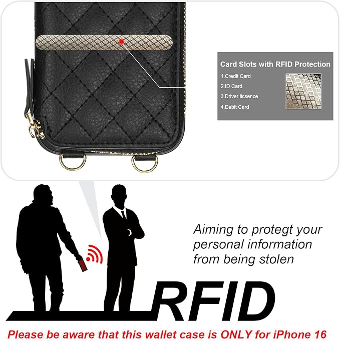 Bocasal Crossbody Wallet Case for iPhone 16, RFID Blocking PU Leather Zipper Handbag Purse Flip Cover, Kickstand Folio Case with Card Slots Holder Wrist Strap Lanyard 5G 6.1 Inch (Black)