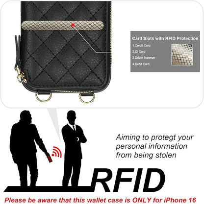 Bocasal Crossbody Wallet Case for iPhone 16, RFID Blocking PU Leather Zipper Handbag Purse Flip Cover, Kickstand Folio Case with Card Slots Holder Wrist Strap Lanyard 5G 6.1 Inch (Black)