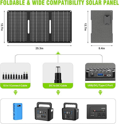 powkey 24000mAh/65W Solar Generator 30W with Panels Included, 88Wh Portable Power Station with AC Outlet, Lithium Battery Rechargeable Powered Bank with 110V AC Outlet for Emergency (Green+Black)