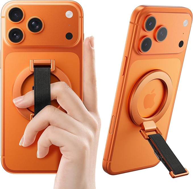 SUPERONE Magnetic Phone Grip with Finger Strap, Removable Magnetic Ring Holder with Kickstand Finger Loop, Accessories for iPhone 17/16/15/14/13/12 Series, Orange