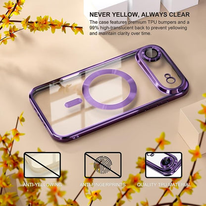 Misea Magnetic for iPhone 17 Air Case Compatible with MagSafe [Never Yellowing] [Military Grade Drop Protection] Full Camera Lens Protector Plating Soft Clear Phone Case for Women, Deep Purple