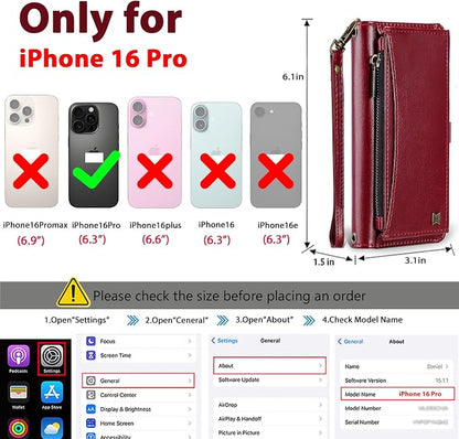 Wallet Case for iPhone 16 Pro with Card Holder/Crossbody Wallet/Strap| RFID Blocking | Magnetic | Kickstand | Detachable | PU Leather Phone Case for iPhone 16 Pro,6.3 in,Wine Red