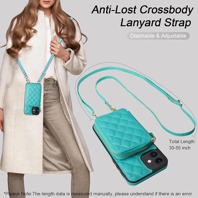 Bocasal Crossbody Wallet Case for iPhone 12/12 Pro, RFID Blocking PU Leather Zipper Handbag Purse Flip Cover, Kickstand Folio Case with Card Slots Holder Wrist Strap Lanyard 5G 6.1 Inch (Mint Green)