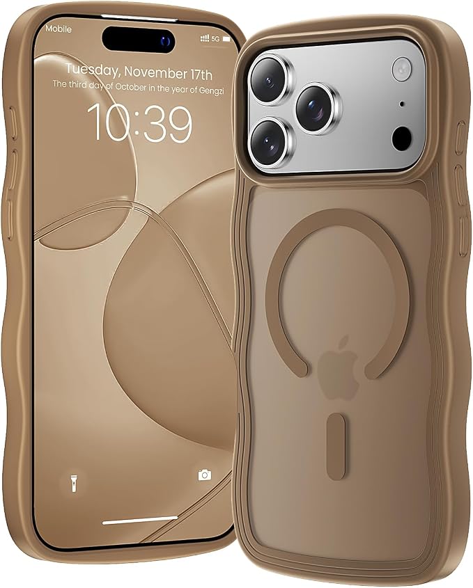 for iPhone 17 Pro Case Cute Brown,Fits MagSafe,Matte Skin Feeling Back,Curly Wave Edge,Slim & Durable & Stylish,Cover Military-Grade Protection