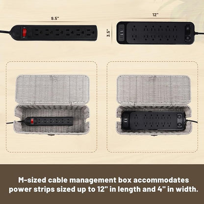BROWNLILY Cable Management Box, Rattan Style Cord Organizer for Desk Cord Hider Outlet Covers for Power Strip TV PC Router Charger Under Desk Storage with Lockable Lid and Cable Ties