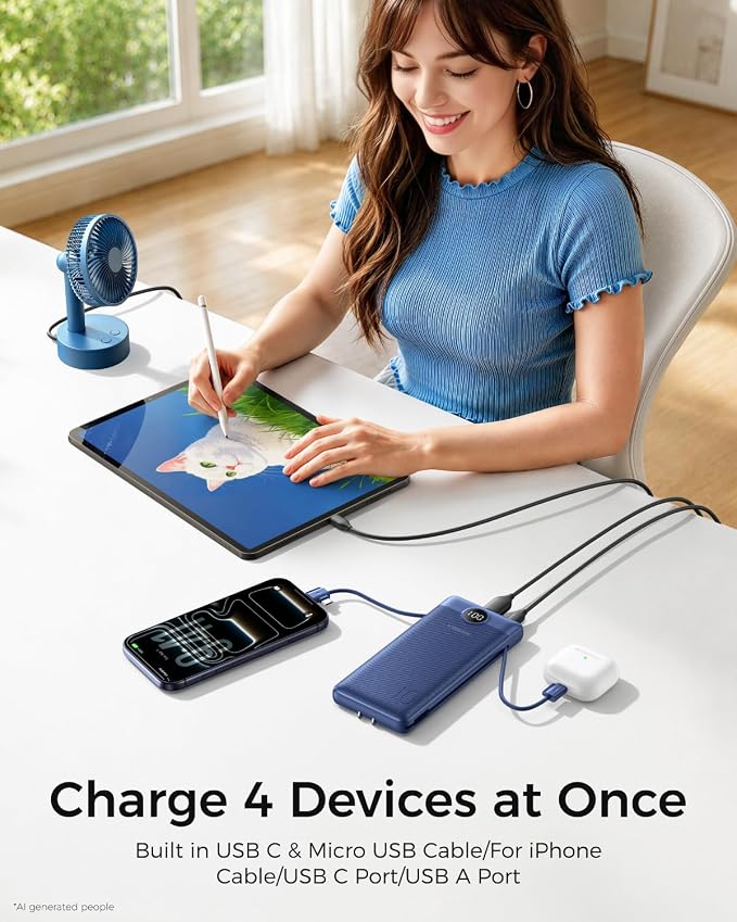 VEGER Portable Charger with Built-in AC Plug and Cables, All in One 10000mAh Ultra Slim Power Bank Travel Essentials, USB C External Battery Pack Compatible with iPhone, Samsung, More, Navy