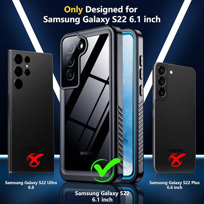 SPIDERCASE for Samsung Galaxy S22 Waterproof Case,[12FT Military-Grade Drop Protection] IP68 Water Resistance [Built-in Screen Protector] Full Body Sealed Protection Phone Case 6.1", Blue