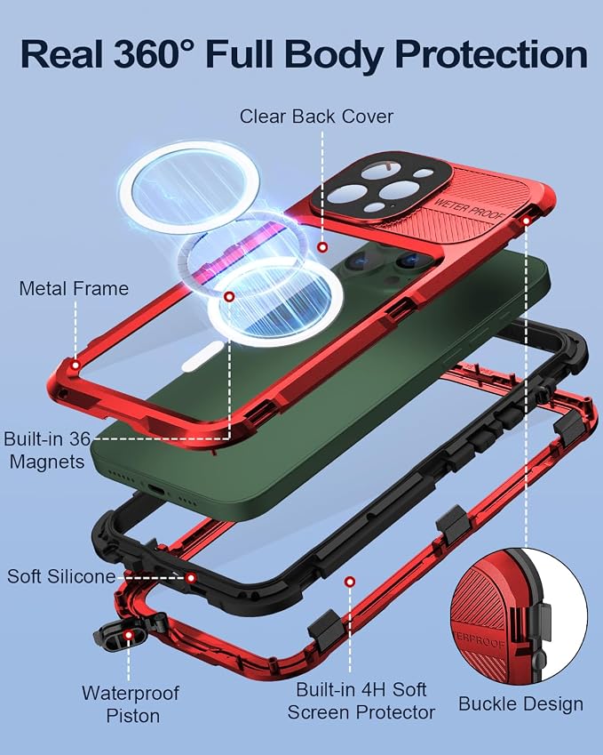 WIFORT for iPhone 13 Pro Max Waterproof Case, Metal Heavy Duty Phone Case Built-in Screen Protector IP68 Water Proof 15FT Military Grade Shockproof, Full Body Drop Protection Cover, 6.7" Red