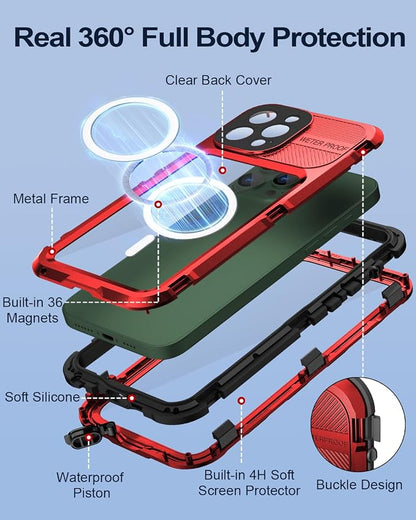 WIFORT for iPhone 13 Pro Max Waterproof Case, Metal Heavy Duty Phone Case Built-in Screen Protector IP68 Water Proof 15FT Military Grade Shockproof, Full Body Drop Protection Cover, 6.7" Red