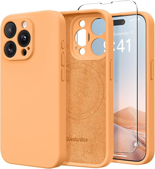 Magnetic for iPhone 15 Pro Case, Compatible with MagSafe, [Full Camera Protection][Screen Protector] Silicone Shockproof Protective Phone Case for iPhone 15 Pro 6.1", Cantaloupe