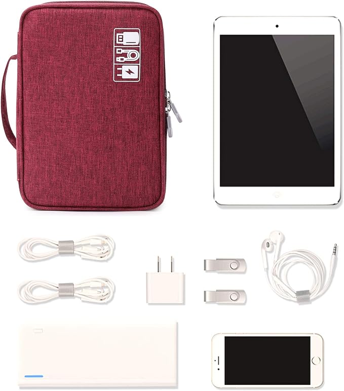 Lanola Travel Cable Organizer Bag, Electronic Accessories Case Portable Double Layer Cable Storage Bag for Cord, Charger, Flash Drive, Phone, SD Card,Personal Items - (Red)