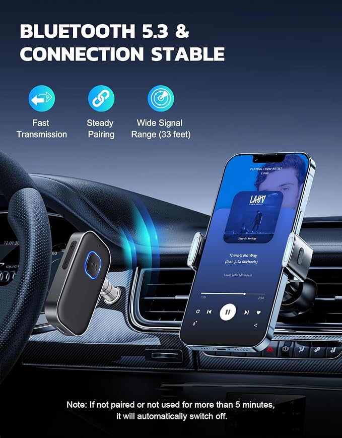 COMSOON Bluetooth Receiver for Car, Noise Cancelling 3.5mm AUX Bluetooth Car Adapter, Wireless Audio Receiver for Home Stereo/Wired Headphones, Hands-Free Call, 16H Battery Life - Dark Gray