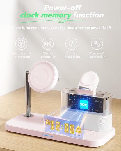 Compatible with Qi2 Certified 15W Charging Station with Alarm Clock and Night Light,Fast 5 in 1 Mag-Safe Wireless Charger Stand for iPhone 16 15 14 13 12 Pro Max,Apple Watch,Air-Pods(Pink)