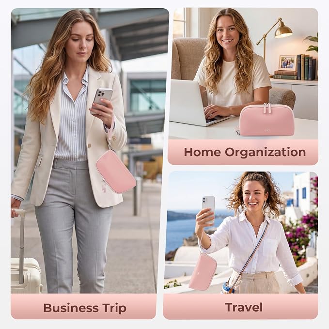 FYY Travel Cable Organizer - 8 Compartments, Lightweight, Water Repellent | With Wrist Strap, Portable Tech Pouch for Cord Charger, Travel and Business Trips Use, Soft Shell Nylon, Pink (Medium)
