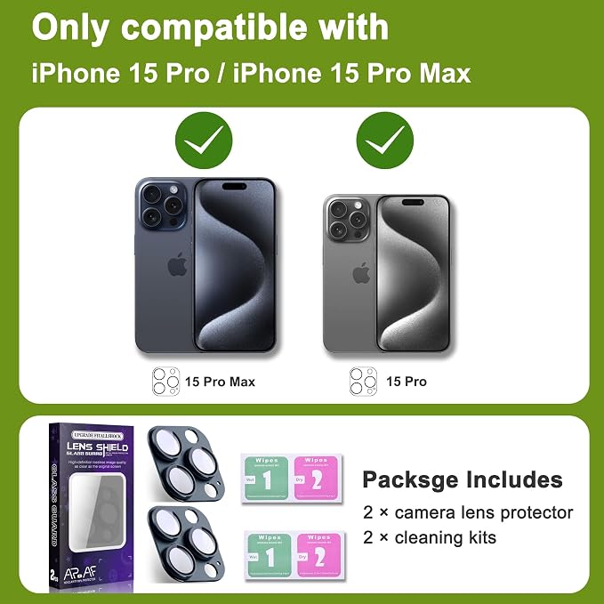 2-Pack Shatterproof Camera Lens Protector for iPhone 15 Pro/15 Pro Max |AR Tempered Glass Strong Adsorption Metal Camera Cover Screen(Inky blue)