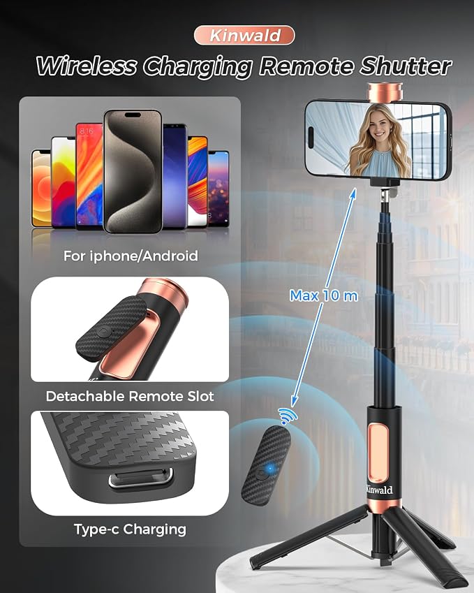 Selfie Stick Tripod for iPhone & Android – Portable Phone Tripod Stand with Bluetooth Remote, One-Click Open, Compact & Lightweight for Vlogging, Travel & Everyday Use (Black)