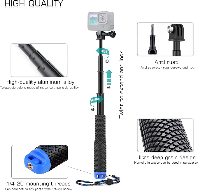 GEPULY 7''-23''Waterproof Pole Selfie Stick Pocket Size Underwater Handle Grip Monopod Aluminum for GoPro Hero Session Max Insta360 AKASO DJI OSMO Digital Cameras