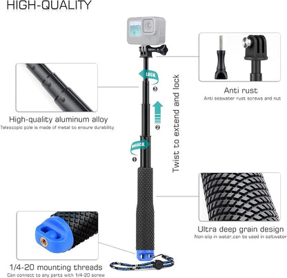 GEPULY 7''-23''Waterproof Pole Selfie Stick Pocket Size Underwater Handle Grip Monopod Aluminum for GoPro Hero Session Max Insta360 AKASO DJI OSMO Digital Cameras