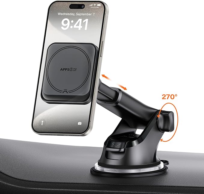 APPS2Car for MagSafe Car Mount, Magnetic Phone Holder for Car with Suction Cup, 17 Strong Magnets & Adjustable Arm, Dashboard & Windshield Phone Mount Compatible with MagSafe Case iPhone 12–17 Series