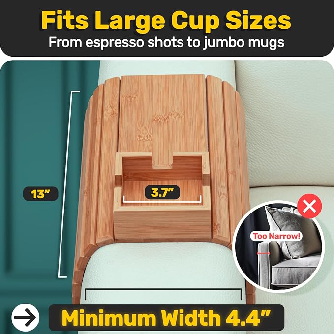 FUN FOREST Bamboo Couch Cup Holder Tray - Non-Slip Furniture Protector, Sofa Armrest Table for Mugs & Tumblers – Weighted 16” Large Natural Bamboo Drink Caddy for Recliners and Loveseats