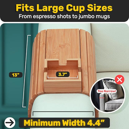 FUN FOREST Bamboo Couch Cup Holder Tray - Non-Slip Furniture Protector, Sofa Armrest Table for Mugs & Tumblers – Weighted 16” Large Natural Bamboo Drink Caddy for Recliners and Loveseats