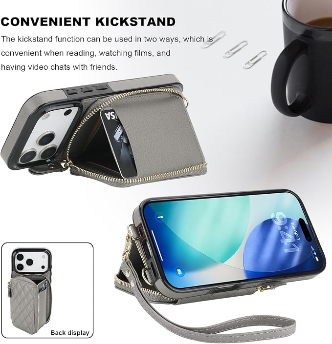 Bocasal Crossbody Wallet Case for iPhone 17 Pro, RFID Blocking PU Leather Zipper Handbag Purse Flip Cover, Kickstand Folio Case with Card Slots Holder Wrist Strap Lanyard 5G 6.3 Inch (Grey)