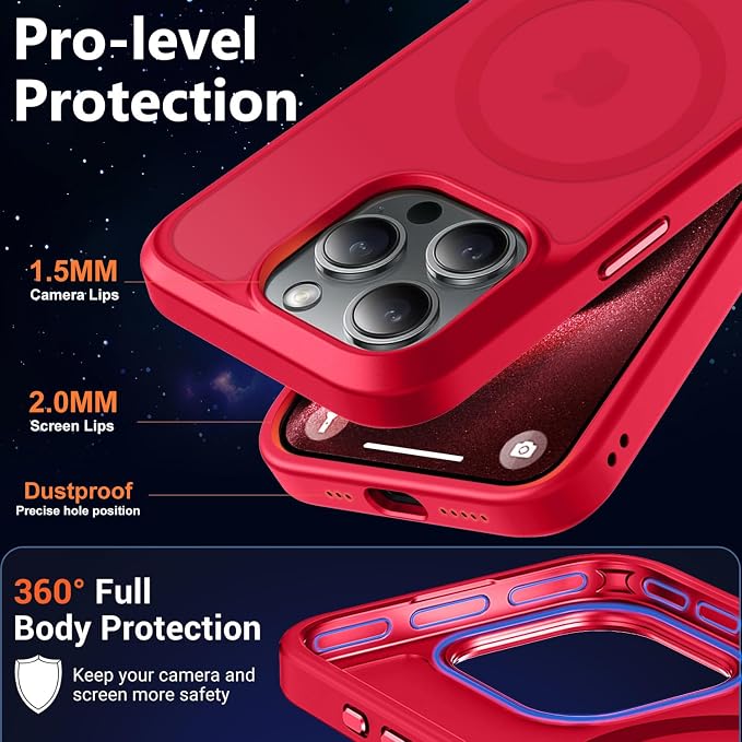 MOCCA Strong Magnetic for iPhone 15 Pro Case, [Compatible with Magsafe][13FT Military Drop Protection] Slim Translucent Matte Shockproof Case for iPhone 15 Pro Phone Case 6.1'', Red