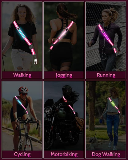 Fitense LED Reflective Belt Sash - 5 Lights Colors & 3 Light Modes High Visibility Night Safety Belt, Rechargeable Light Up Running Gear Adjustable Vest Straps for Runners Walkers Men Women